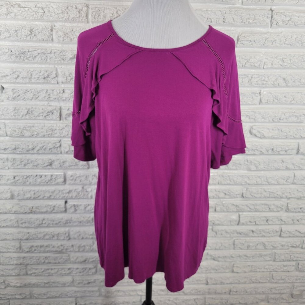 Apt 9 Tee Top XXL Plus Purple Ruffle Crochet Accent Rayon Spandex Stretch PUR24E